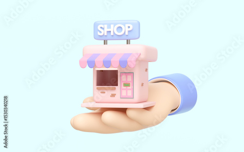3D Businessman hand holding store building icon isolated on blue background. cartoon style. Shop Building For Rent Or Buy, startup franchise business concept, 3d render illustration