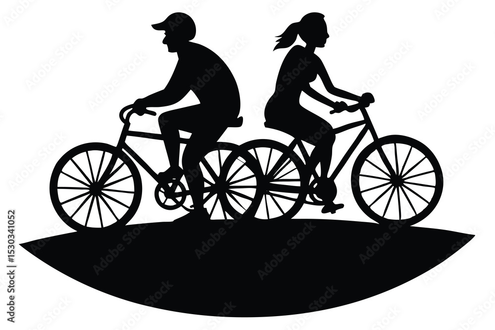 Silhouette of couple riding bicycle together Silhouette of couple riding bicycle together