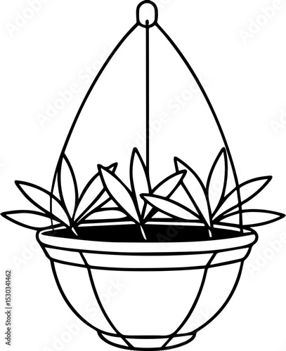 Hanging planter outline vector illustration, line art