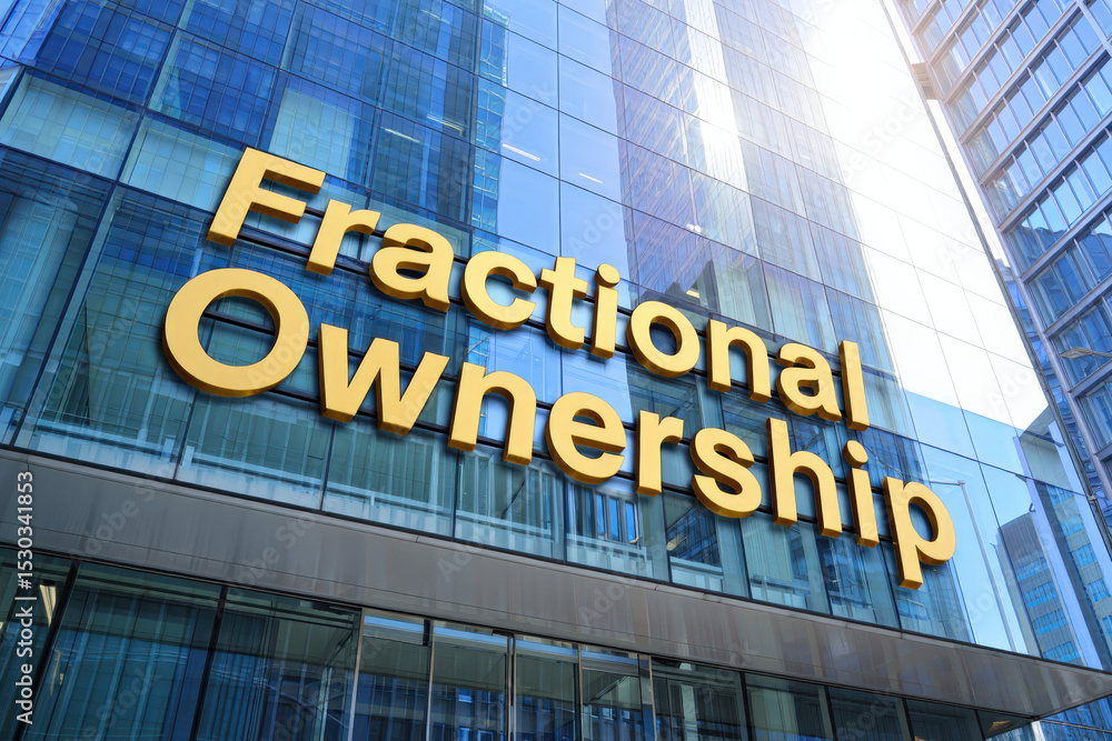 Obraz premium Gold 3D letters fractional ownership sign modern office building business investment concept, Selective Focus..