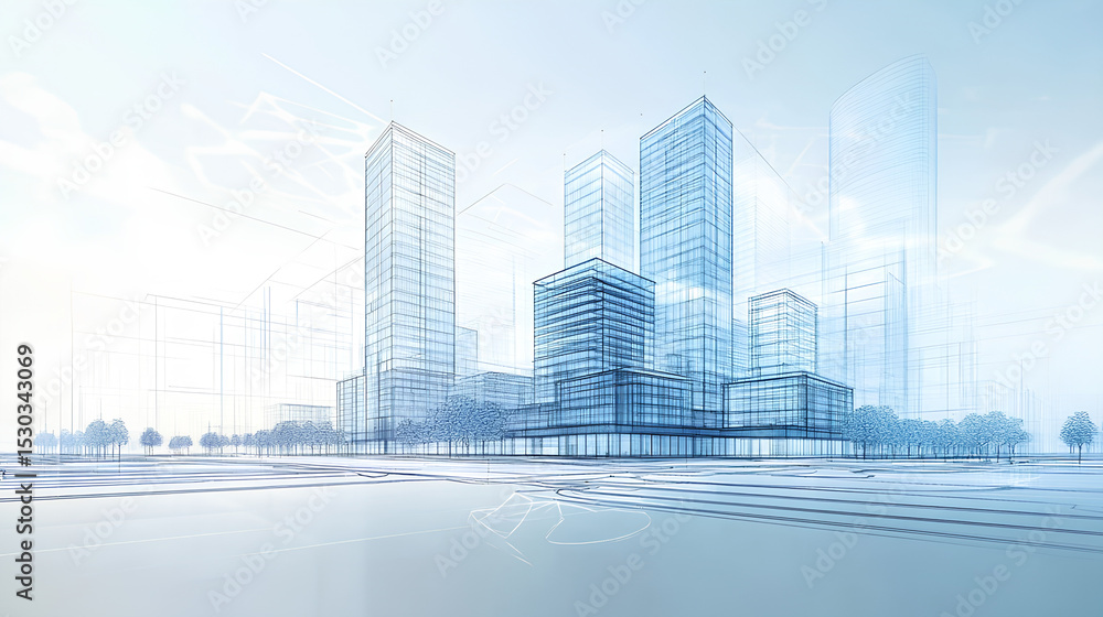 Naklejka premium Architectural blueprint mixed use housing commercial project designed for global city. Modern real estate development, residential buildings design with commercial property, infrastructure plan, Stock