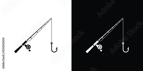 Fishing Rod and Hook Silhouette on White and Black Backgrounds Representing Contrasting Concepts