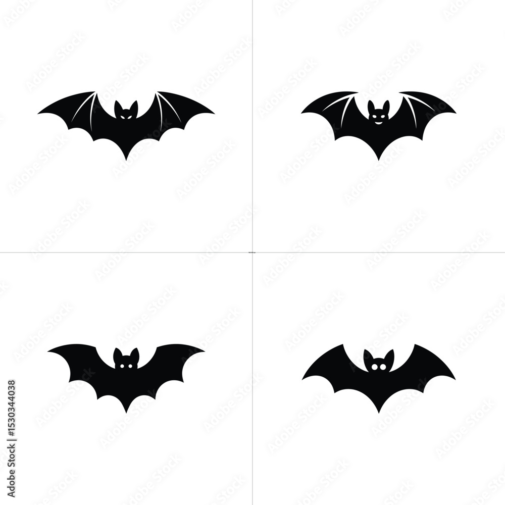 Fototapeta premium Four Black Bat Silhouettes with Different Wing Shapes on White Background Halloween Icon