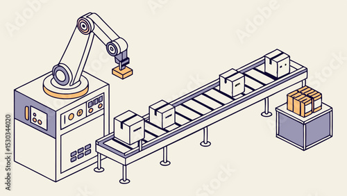 Isometric view of a robotic arm placing boxes on a conveyor belt in a factory automation process line