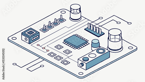Isometric view of a circuit board with various electronic components and wiring in light blue and white