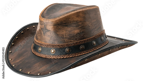 Black cowboy hat on white background showing vintage style headwear for men