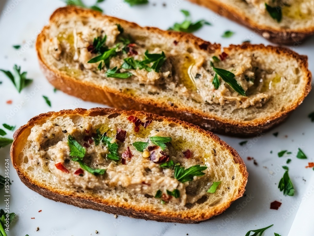 Freshly Toasted Bread Slices with Herb Topping and Seasoning Freshly Toasted Bread Slices with Herb Topping and Seasoning