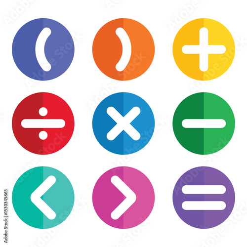 Calculations and mathematical operations on colorful circles. set of mathematical symbols. math icon. vector illustration
