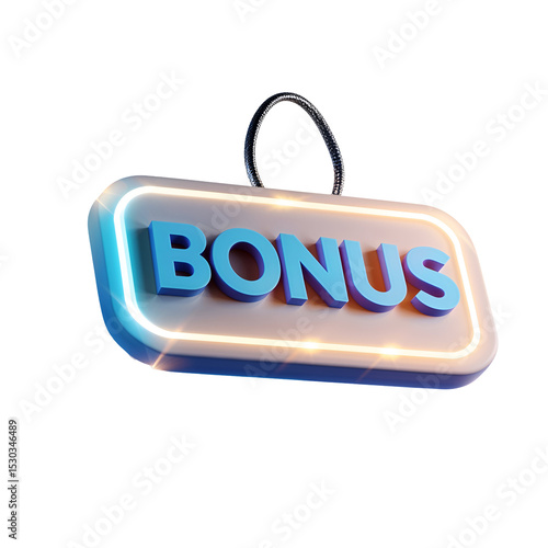 Polished commercial-style bonus tag with reflective gold loop and layered design, bright lighting and soft shadows on a white background PNG