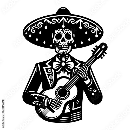 Sugar skull mariachi musician playing guitar