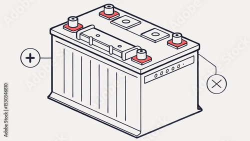 Illustration of a car battery with visible terminals and markings for polarity and vent details shown