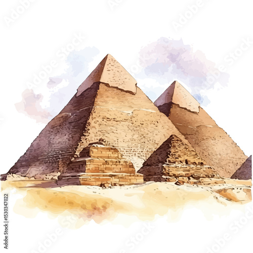 Egyptian Pyramids, watercolor illustration vector, isolated on a white background.