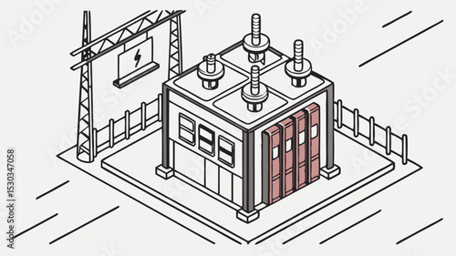 Isometric view of an electrical substation with transformer and power transmission tower on a platform