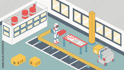 Isometric view of a factory with a robot holding a red box next to a conveyor belt and a table with items