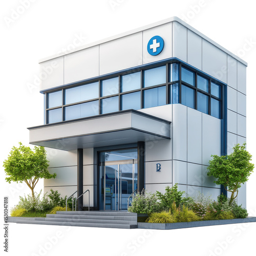 Modern hospital building exterior with medical cross sign and glass facade isolated on Transparent Background