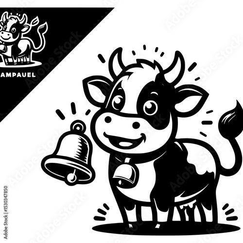 Cute cartoon cow with bell mascot illustration