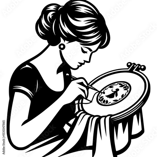 Elegant woman embroidery needlepoint craft vintage