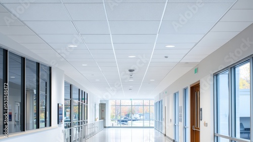 View of a finished suspended ceiling in a hallway, featuring white tiles and clean lighting integration.