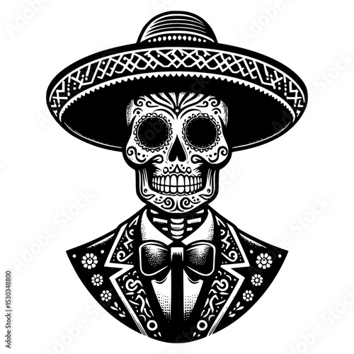 Elegant sugar skull in sombrero and tuxedo