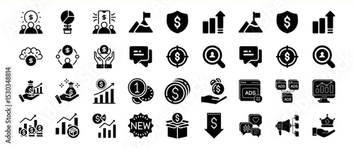 A comprehensive collection of 30 business and finance icons, depicting various aspects of financial growth, investment, marketing, and success.