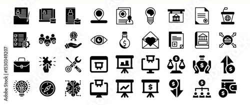 A comprehensive collection of business and finance icons, depicting various aspects of professional life, from planning and strategy to financial management and global collaboration.
