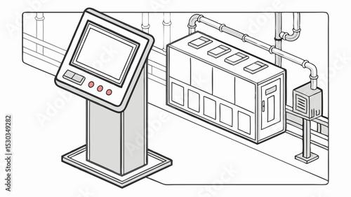 Isometric view of a control panel with screen and buttons next to industrial equipment and pipes in a factory setting