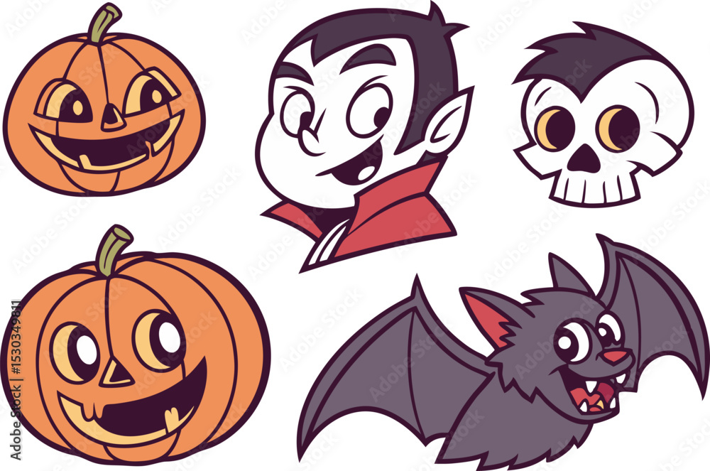 Fototapeta premium Cute Halloween Cartoon Characters Featuring Pumpkins Vampire Skull and Bat