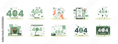 Error 404 page not found illustrations set. Flat vector illustrations.