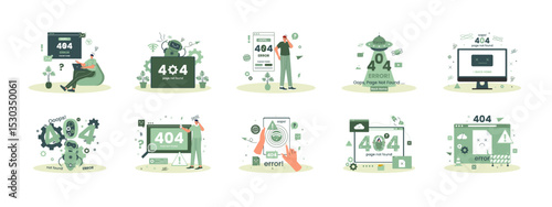 Error 404 page not found illustrations set. Flat vector illustrations.