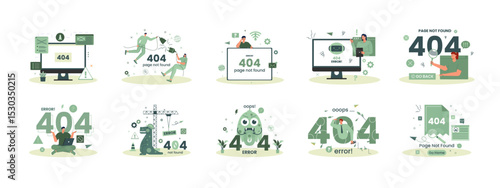 Error 404 page not found illustrations set. Flat vector illustrations.