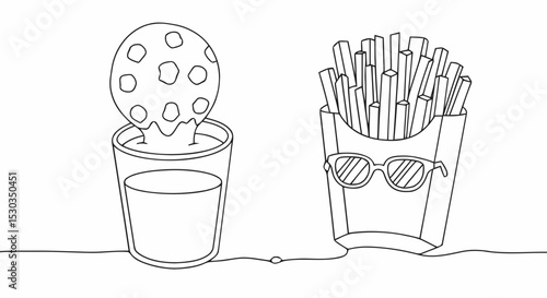 Cookie dunking milk french fries sunglasses line art