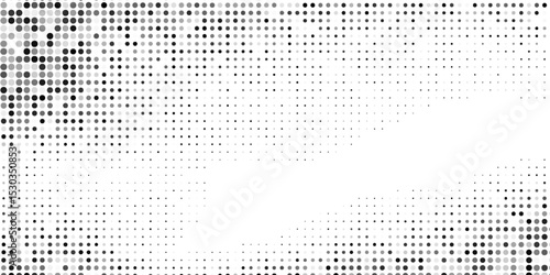 Grunge dotted halftone gradient texture. Vanishing polka dot background. Repeating dots gradation rectangle illustration
