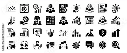 Business and Financial Management Icon Set: A comprehensive collection of high-quality vector icons representing various aspects of business, finance, and management.