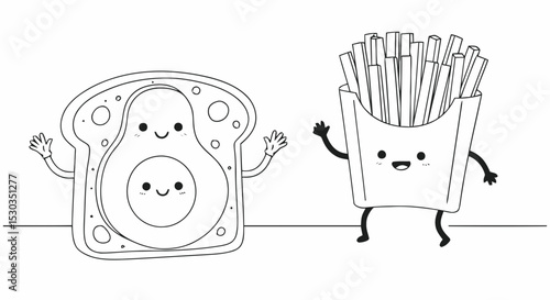 Cartoon food characters: avocado toast and fries