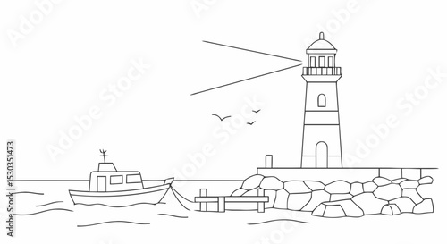 Lighthouse seascape outline drawing