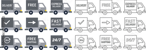 Vector illustration showing various delivery trucks representing shipping options and speedy services.