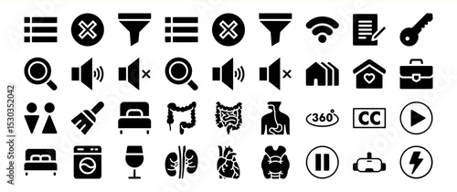 A diverse collection of glyph icons encompassing various categories such as user interface elements, multimedia controls, medical symbols, home and building representations, and more.
