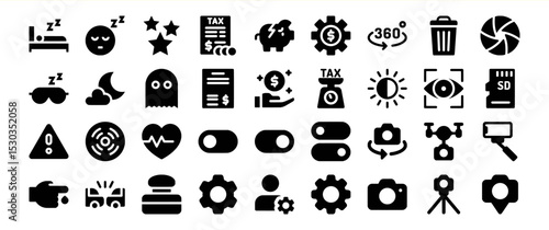 A diverse collection of 36 diverse glyph icons representing various concepts such as sleep, finance, photography, technology, and more, suitable for mobile apps or websites.