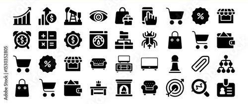 A comprehensive collection of diverse icons encompassing business, finance, shopping, home, and technology, suitable for various applications and designs.