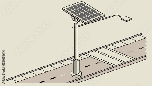 Solar powered street light with a panel on top and a light on the side along a road with lines