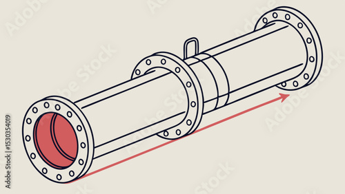 Isometric view of a pipe section with flanges and a red arrow indicating direction of flow shown
