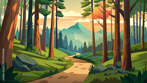 Forest Path to Mountain View. A Serene Nature Walk