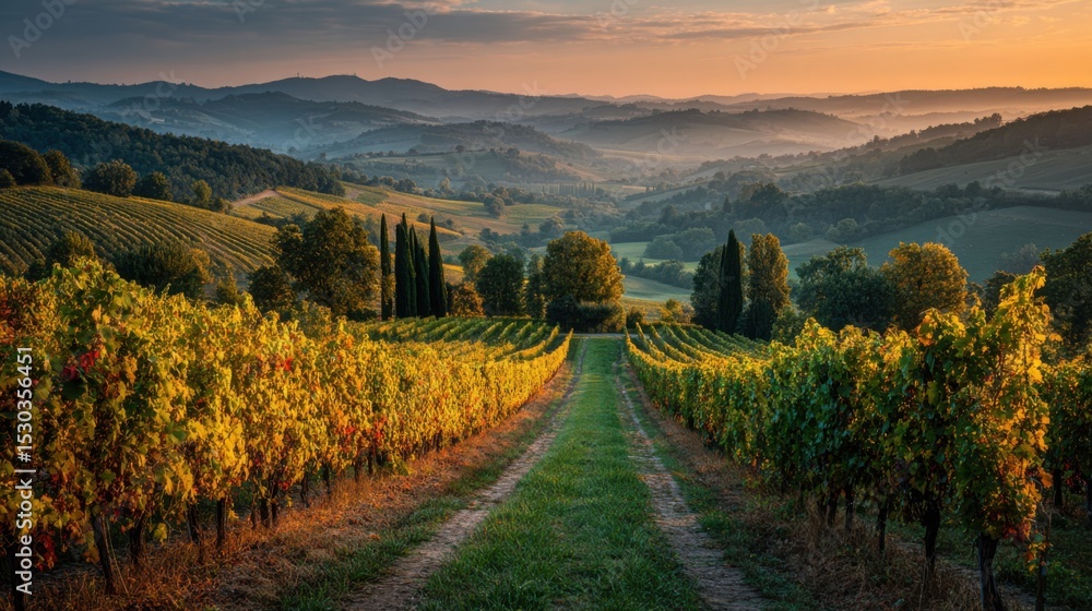 Naklejka premium Scenic view of a vibrant vineyard during sunset, showcasing rows of grapevines stretching into the distance. The soft light casts a warm glow across the hills and trees.