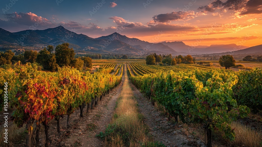 Fototapeta premium Rows of grapevines fill the landscape with autumn colors as they stretch towards majestic mountains. A stunning sunset bathes the vineyard in warm, golden light, enhancing the scenery.