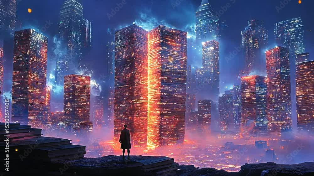 Futuristic city landscape at night with tall buildings. Futuristic city landscape at night with tall buildings.