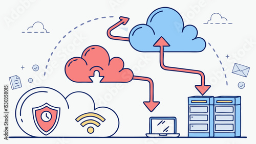 Illustration of cloud computing network with data transfer between clouds servers and a laptop device