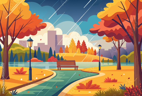 Autumnal Park. A Rainy Day in the City