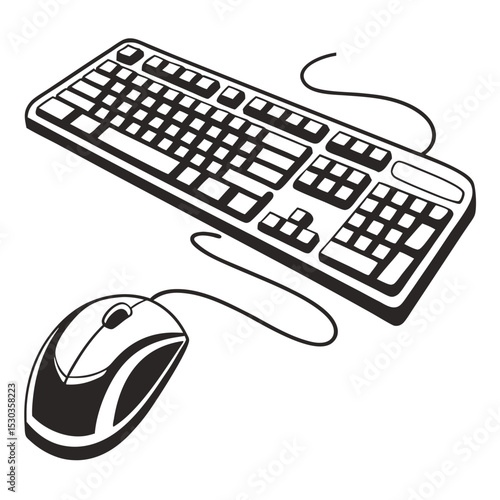 Black and white illustration of a computer keyboard and mouse combination