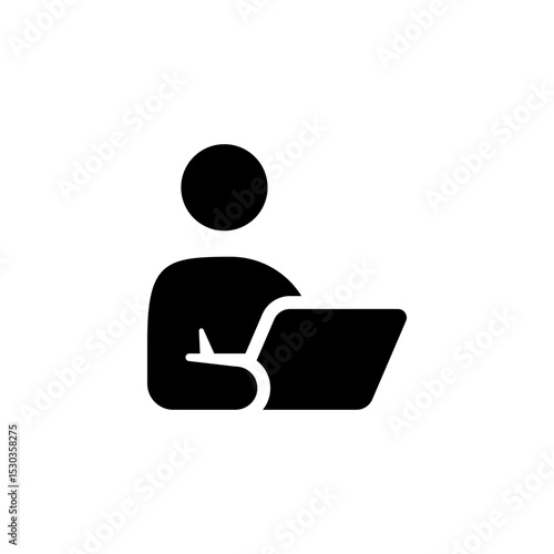 A person working remotely with a laptop icon. Simple people iconography illustration in black and white colors