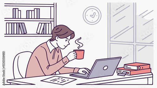 Illustration of a person working on a laptop while holding a mug in a room with a bookshelf and window